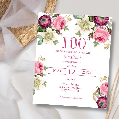 Pink Floral  100th Budget Birthday Invitation