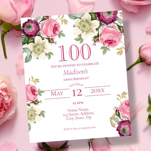 Pink Floral  100th Budget Birthday Invitation