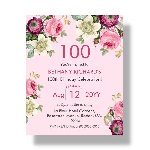 Pink Floral  100th Budget Birthday Invitation