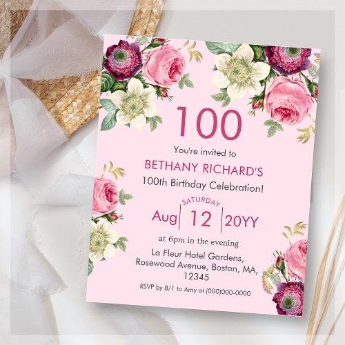 Pink Floral  100th Budget Birthday Invitation