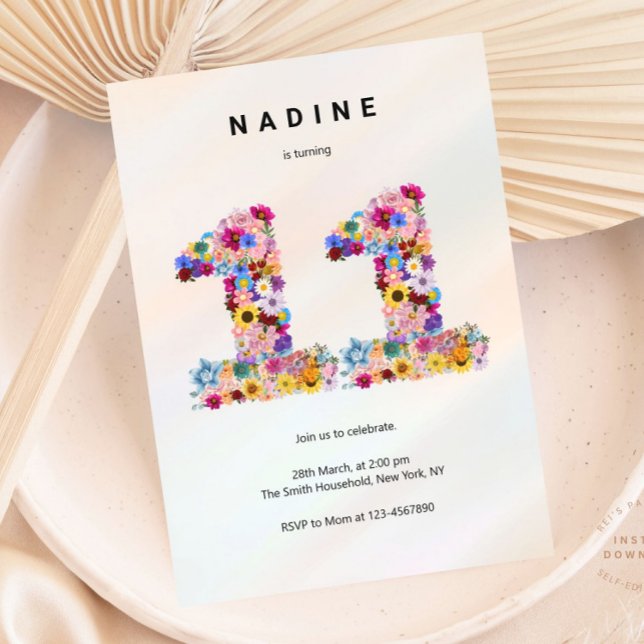 Pink Floral 11th Birthday Garden Spring Wildflower Invitation (Creator Uploaded)