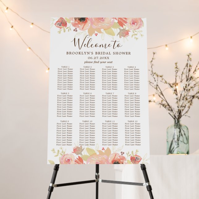 Pink Floral 12 Table Bridal Shower Seating Chart Foam Board (In Situ (Stand))