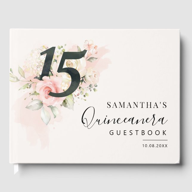 Pink Floral 15th Birthday Quinceanera Guest Book (Front)