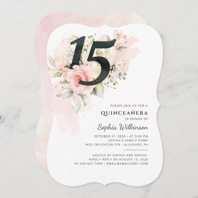 Pink Floral 15th Birthday Quinceanera Party Invitation (Front/Back)