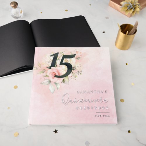 Pink Floral 15th Birthday Script Party Silver Foil Foil Guest Book