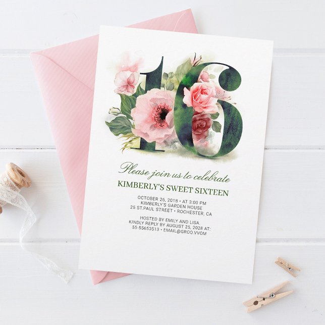 Pink Floral 16 | Sweet Sixteen Birthday Party Invitation (Creator Uploaded)