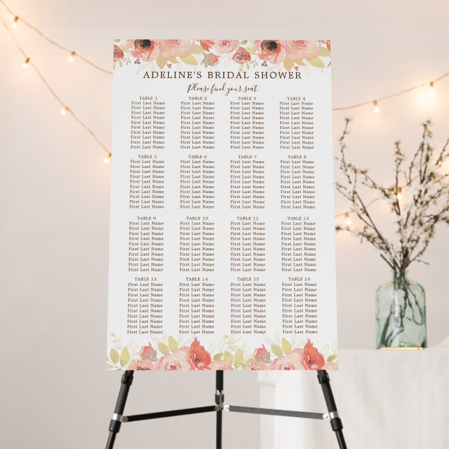 Pink Floral 16 Table Bridal Shower Seating Chart Foam Board (In Situ (Stand))