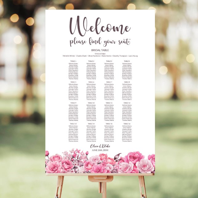 Pink Floral 16 Table Wedding Seating Chart Foam Board (Creator Uploaded)