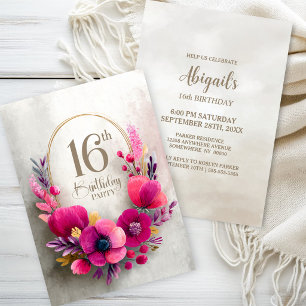 Pink Floral 16th Birthday Party Invitation