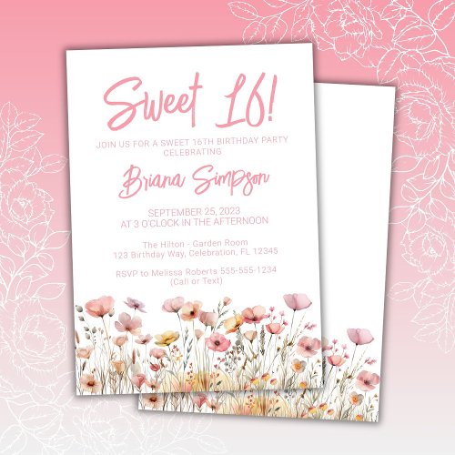 Pink Floral 16th Birthday Party Invitation