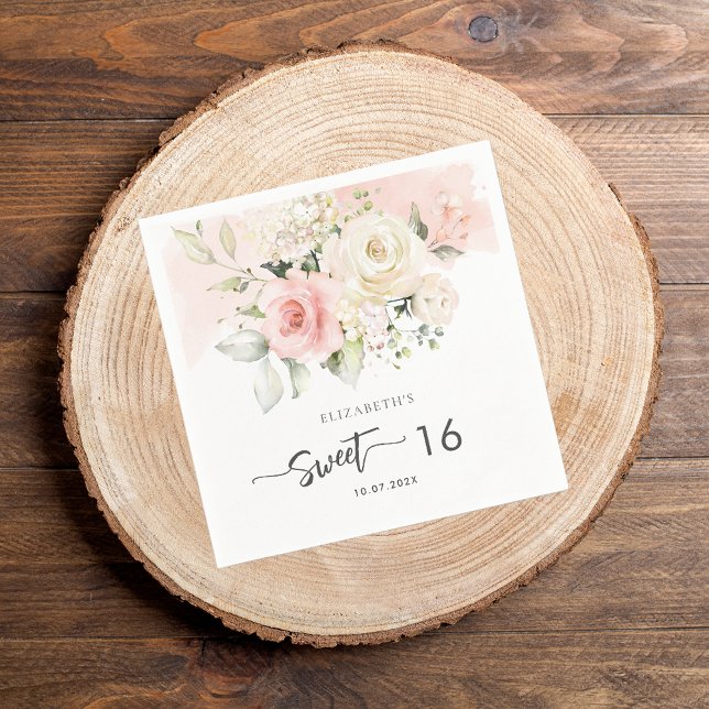 Pink Floral 16th Birthday Party Paper Napkins (Pink Floral Sweet Sixteen Birthday Paper Napkin)