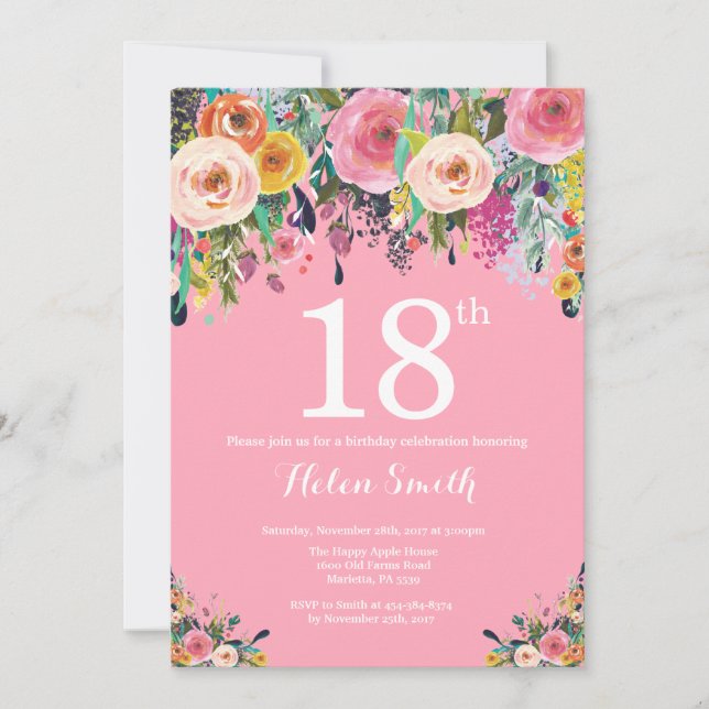 Pink Floral 18th Birthday Invitation (Front)