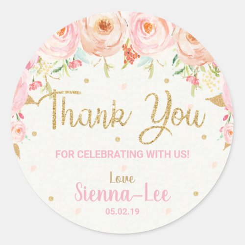 Pink Floral 1st Birthday Baby Shower Thank You Classic Round Sticker