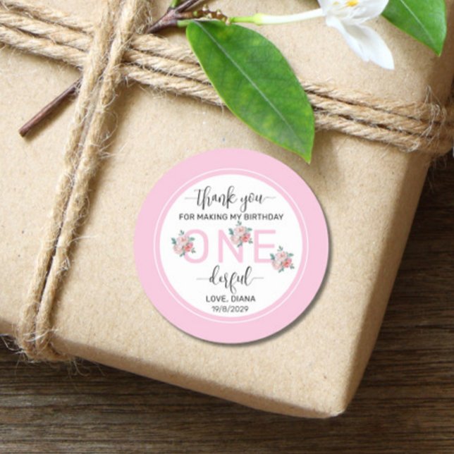 Pink Floral 1st Birthday Classic Round Sticker (Creator Uploaded)