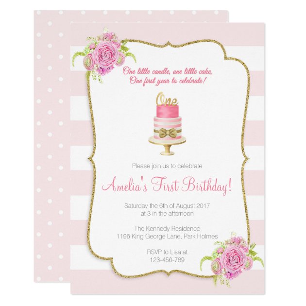 Pink Floral 1st Birthday First Invitation