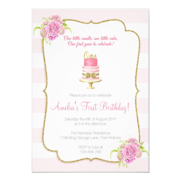 Pink Floral 1st Birthday First Invitation
