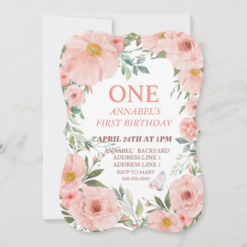 Pink Floral 1st Birthday Inv InvitationFlat Card