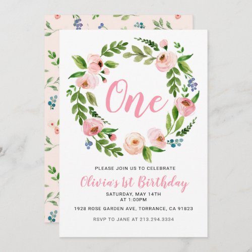 Pink Floral 1st Birthday Invitations  Peony Girl