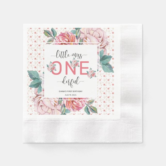 Pink Floral 1st Birthday Paper Coined Napkins (Front)