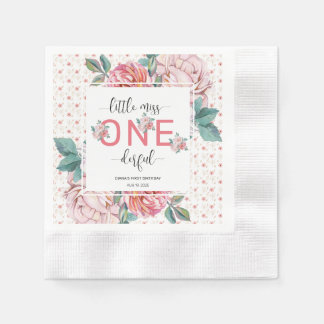 Pink Floral 1st Birthday Paper Coined Napkins