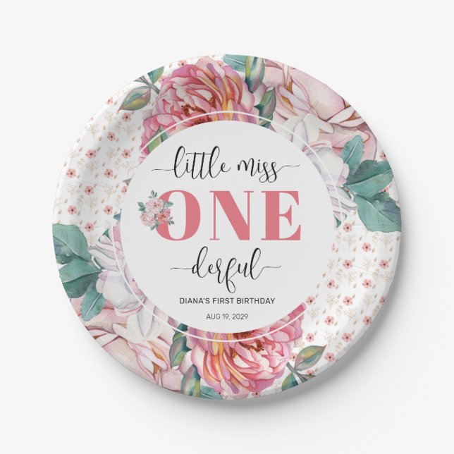 Pink Floral 1st Birthday Paper Plates (Front)