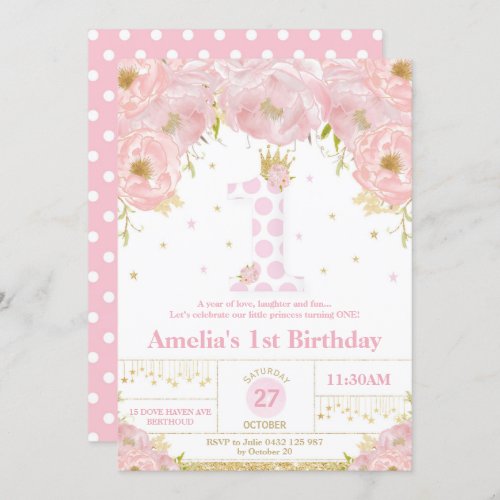 Pink Floral 1st Birthday Princess Invitation Girl