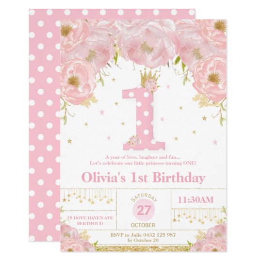 Pink Floral 1st Birthday Princess Invitation Girl Zazzle Com