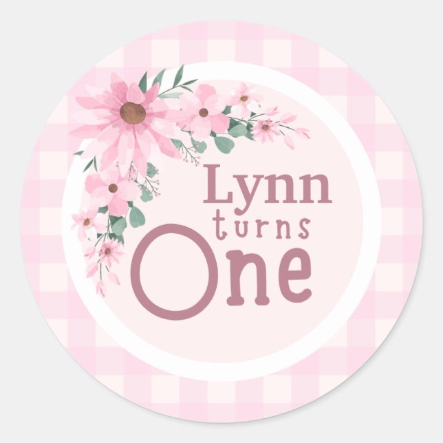 Pink Floral 1st Birthday Sticker (Front)