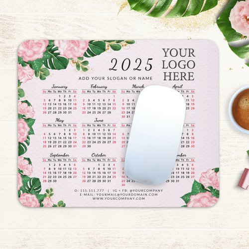 Pink Floral 2025 Calendar Custom Business Logo Mouse Pad