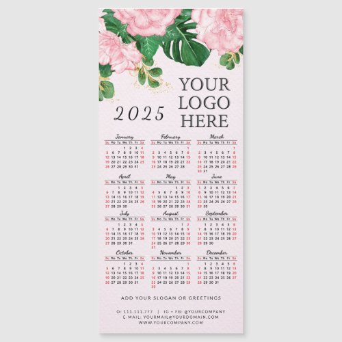 Pink Floral 2025 Calendar Magnet Add Business Logo