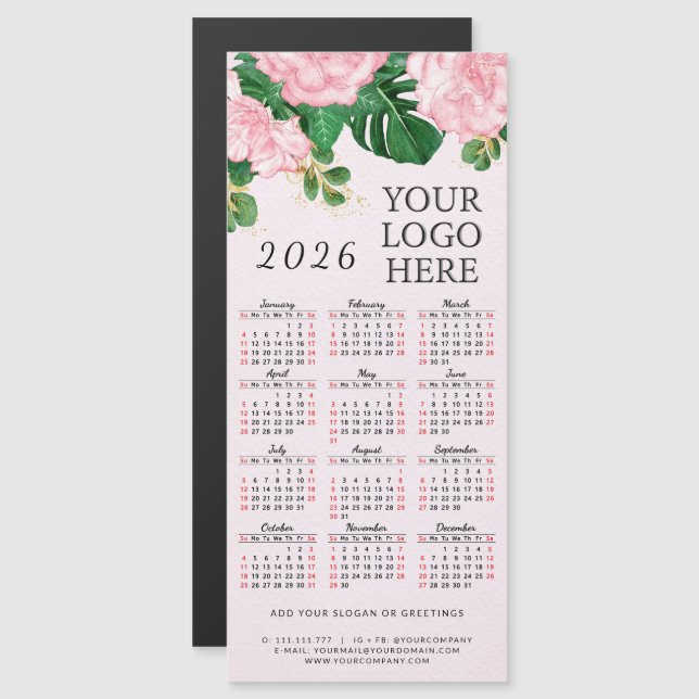 Pink Floral 2026 Calendar Magnet Add Business Logo (Front/Back)