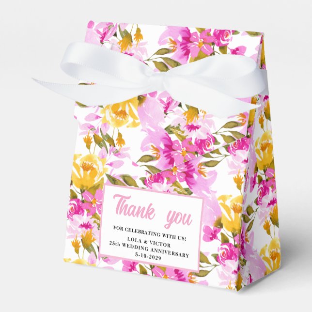 Pink Floral 25th Wedding Anniversary  Favor Boxes (Front Side)