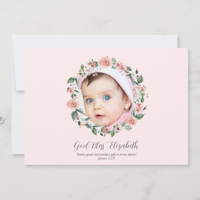 Pink Floral 2 Photo Bible Verse Baptism for Girls Invitation (Back)