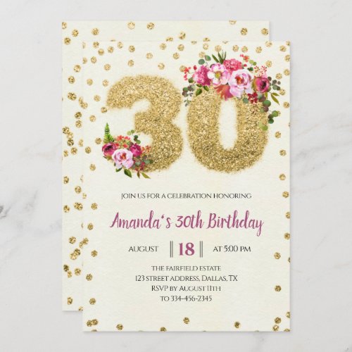 Pink Floral 30th Birthday Invitation