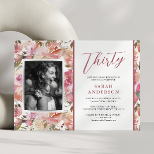 Pink Floral 30th Birthday Photo Invitation