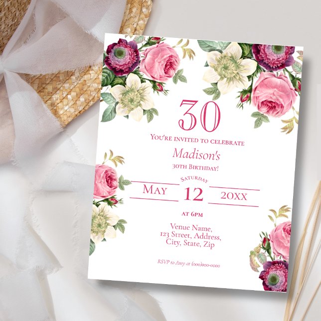 Pink Floral | 30th Budget Birthday Invitation (Creator Uploaded)