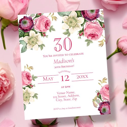 Pink Floral  30th Budget Birthday Invitation