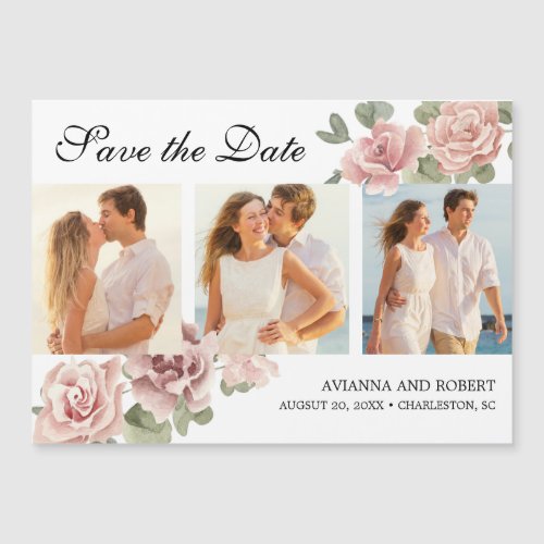 Pink Floral 3 Photo Wedding Magnetic Save the Date