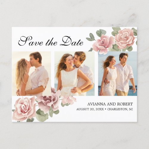 Pink Floral 3 Photo Wedding Save the Date Announcement Postcard