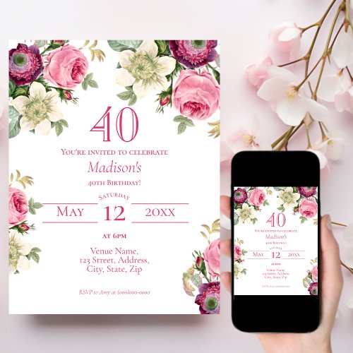 Pink Floral 40th Birthday Invitation