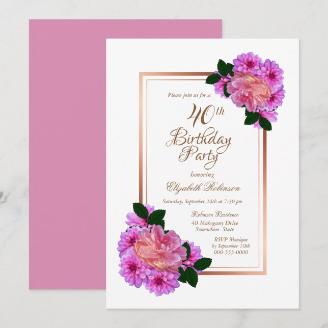 Pink Floral 40th Birthday Party Invitation (Front/Back)