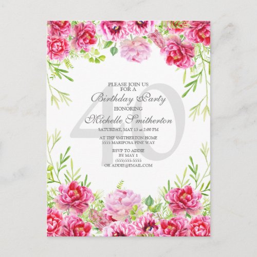 Pink Floral 40th Birthday Party Invitation Postcard