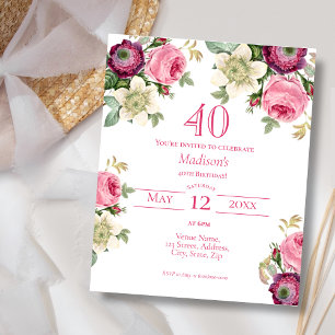 Pink Floral 40th Budget Birthday Invitation