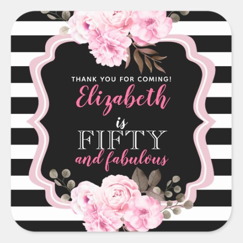 Pink Floral 50 and Fabulous Black Stripe Square Sticker