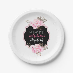 Pink Floral 50 and Fabulous Black & White Stripe Paper Plates