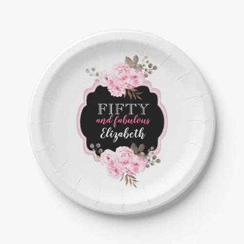 Pink Floral 50 and Fabulous Black  White Stripe Paper Plates