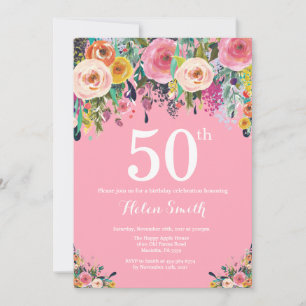 Pink Floral 50th Birthday Invitation