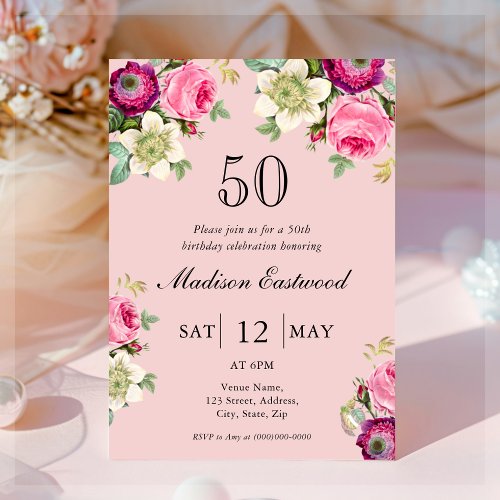 Pink Floral 50th Birthday Invitation