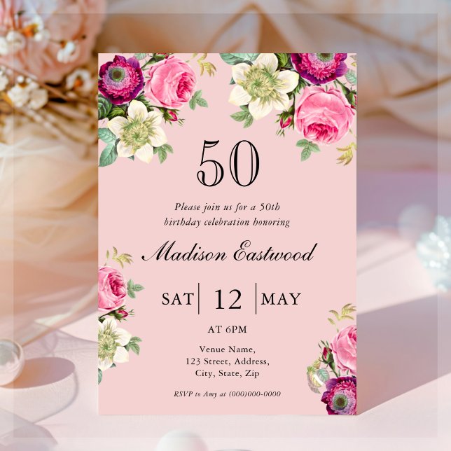Pink Floral 50th Birthday Invitation (Creator Uploaded)