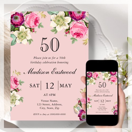 Pink Floral 50th Birthday Invitation